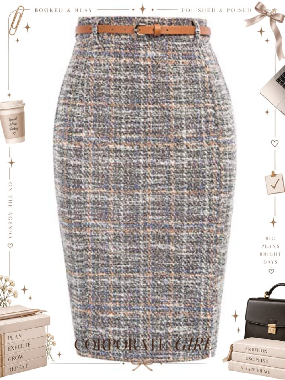 Tweed High Waisted Knee Length Pencil Skirt with Belt